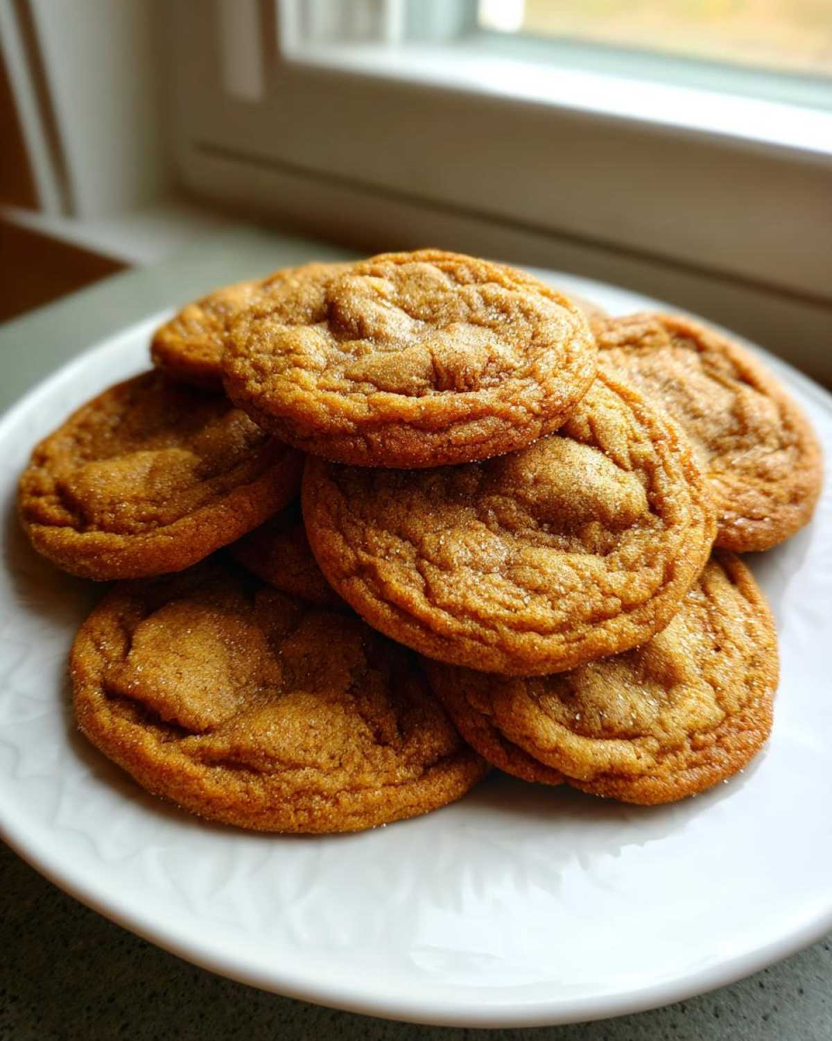 A close-up of several chewy, crinkled maple brown sugar cookies stacked on a white plate near a window.
