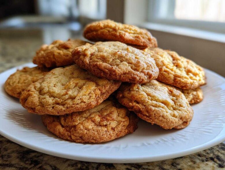 A close-up stack of freshly baked, golden brown maple brown sugar cookies piled high on a white plate.