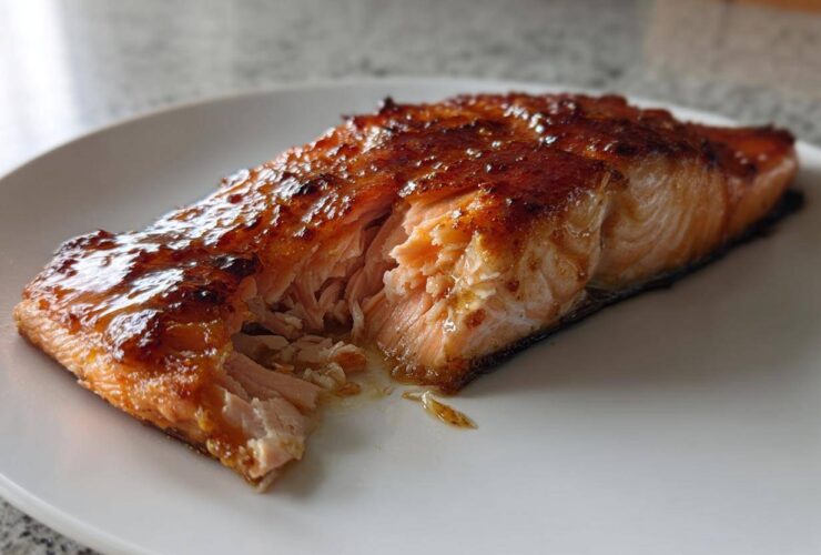 Close-up of a perfectly cooked Maple Dijon Glazed Baked Salmon fillet flaking apart on a white plate.
