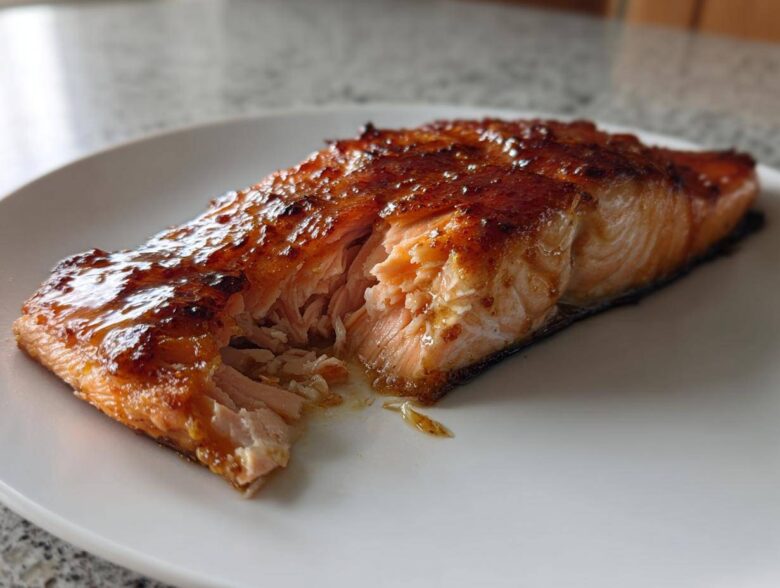 Close-up of a perfectly cooked Maple Dijon Glazed Baked Salmon fillet flaking apart on a white plate.