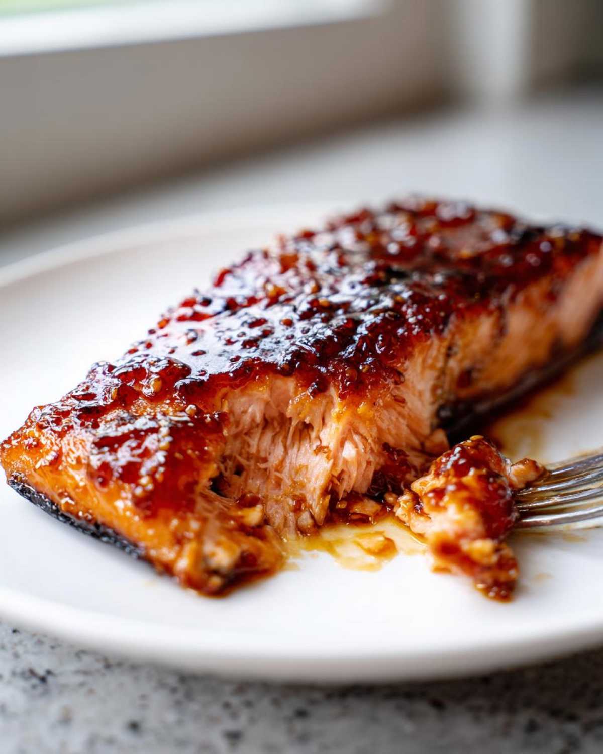 Close-up of flaky, moist Maple Dijon Glazed Baked Salmon being pulled apart with a fork on a white plate.