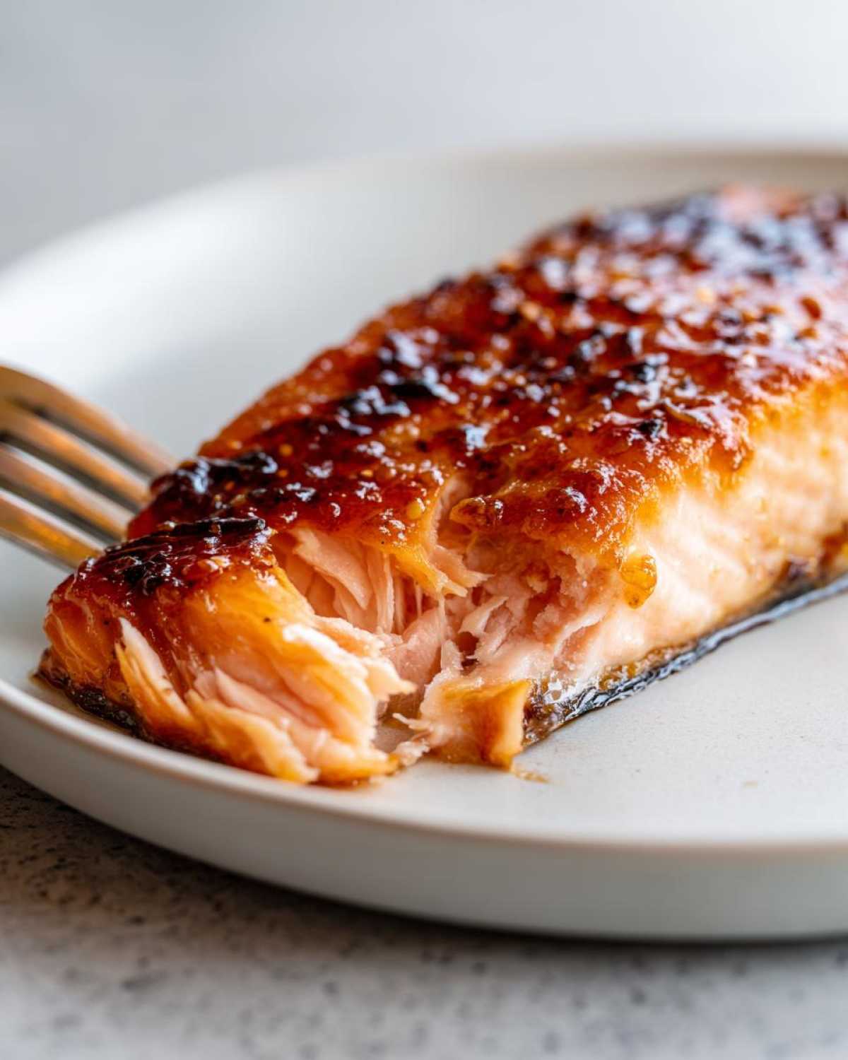 Close-up of flaky Maple Dijon Glazed Baked Salmon being pulled apart with a fork on a white plate.