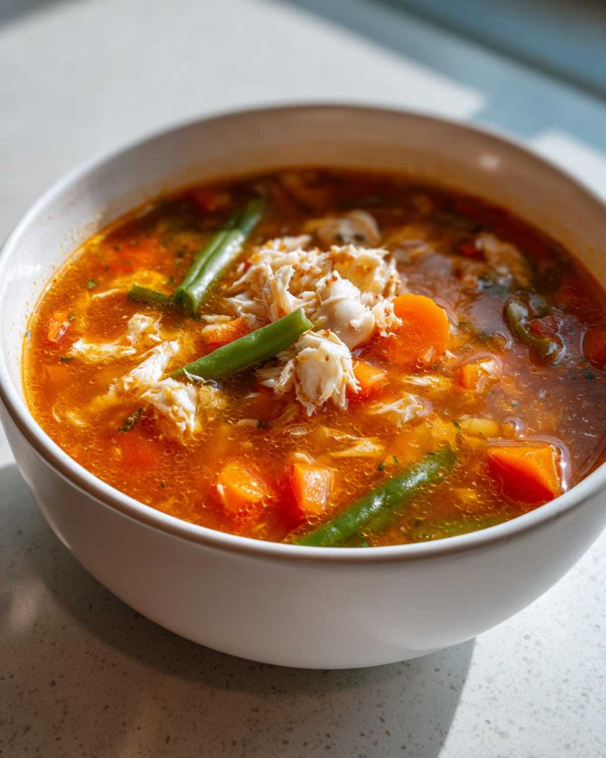 Close-up of a white bowl filled with rich, orange Maryland crab soup, topped with shredded crab meat, carrots, and green beans.