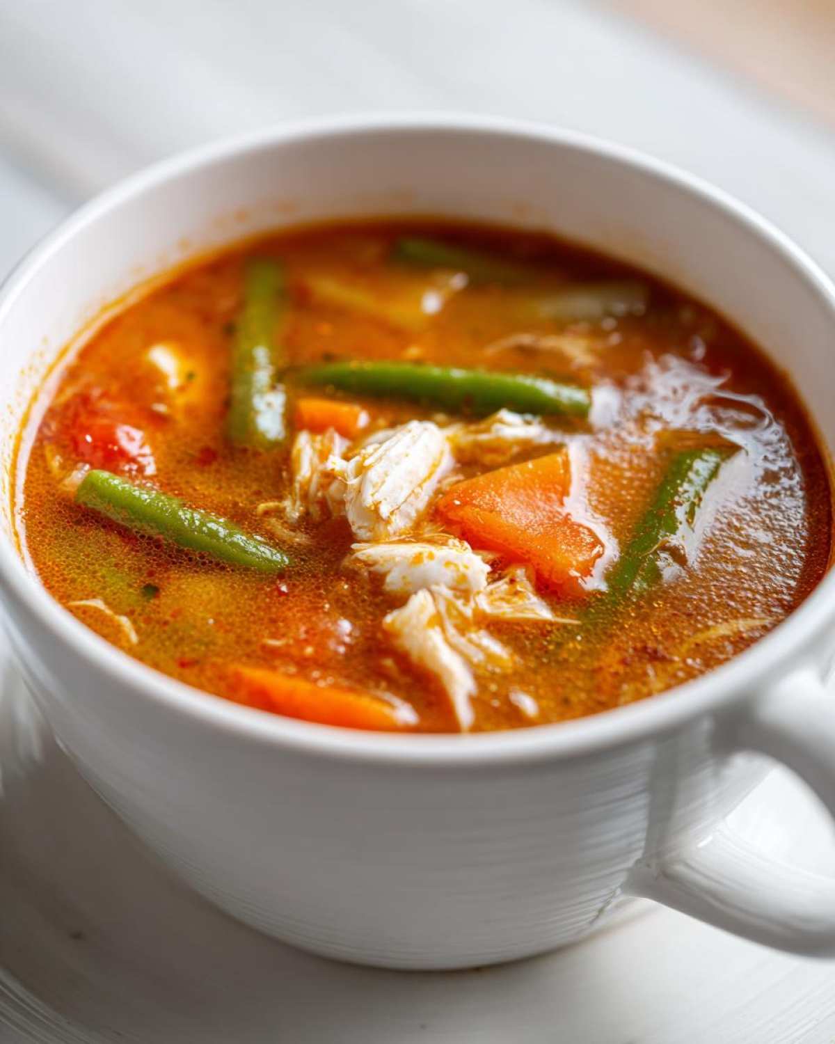 Close-up of a steaming bowl of Maryland crab soup featuring rich broth, white crab meat, carrots, and green beans.