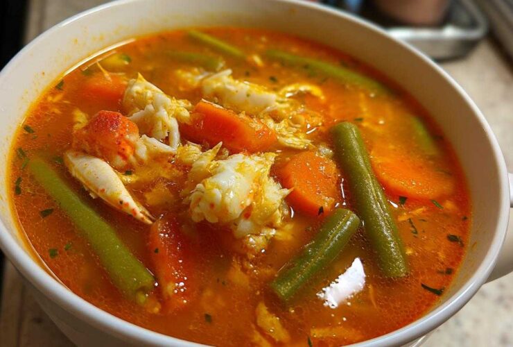 Close-up of a white bowl filled with rich, orange broth of Maryland crab soup, featuring large chunks of white crab meat, sliced carrots, and green beans.