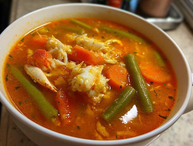 Close-up of a white bowl filled with rich, orange broth of Maryland crab soup, featuring large chunks of white crab meat, sliced carrots, and green beans.
