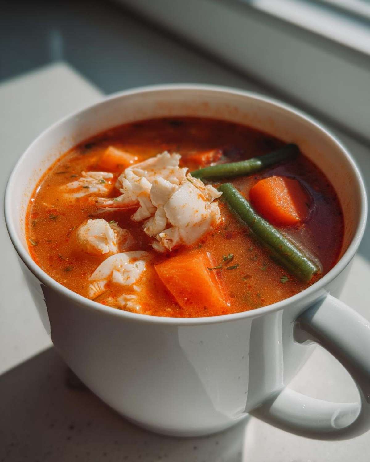 Close-up of a white mug filled with vibrant red Maryland crab soup, topped with crab meat, carrots, and green beans.
