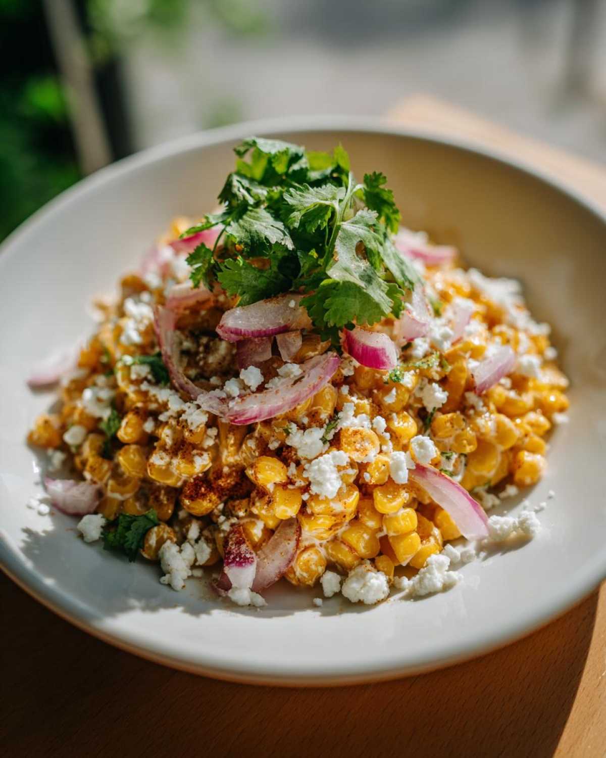 A vibrant bowl of Mexican street corn salad featuring roasted corn, crumbled white cheese, red onion slices, and fresh cilantro.