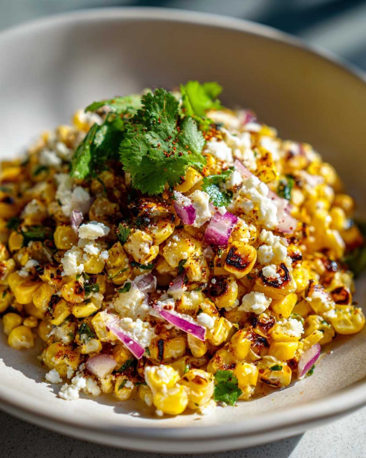 Close-up of vibrant Mexican street corn salad featuring charred corn kernels, crumbled cotija cheese, red onion, and fresh cilantro.