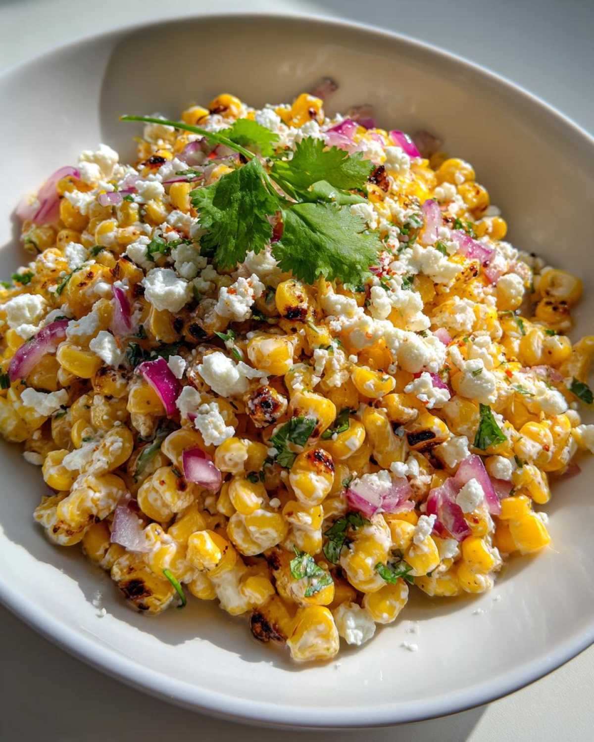 A bowl filled with vibrant Mexican street corn salad featuring charred corn kernels, crumbled white cheese, and red onion.
