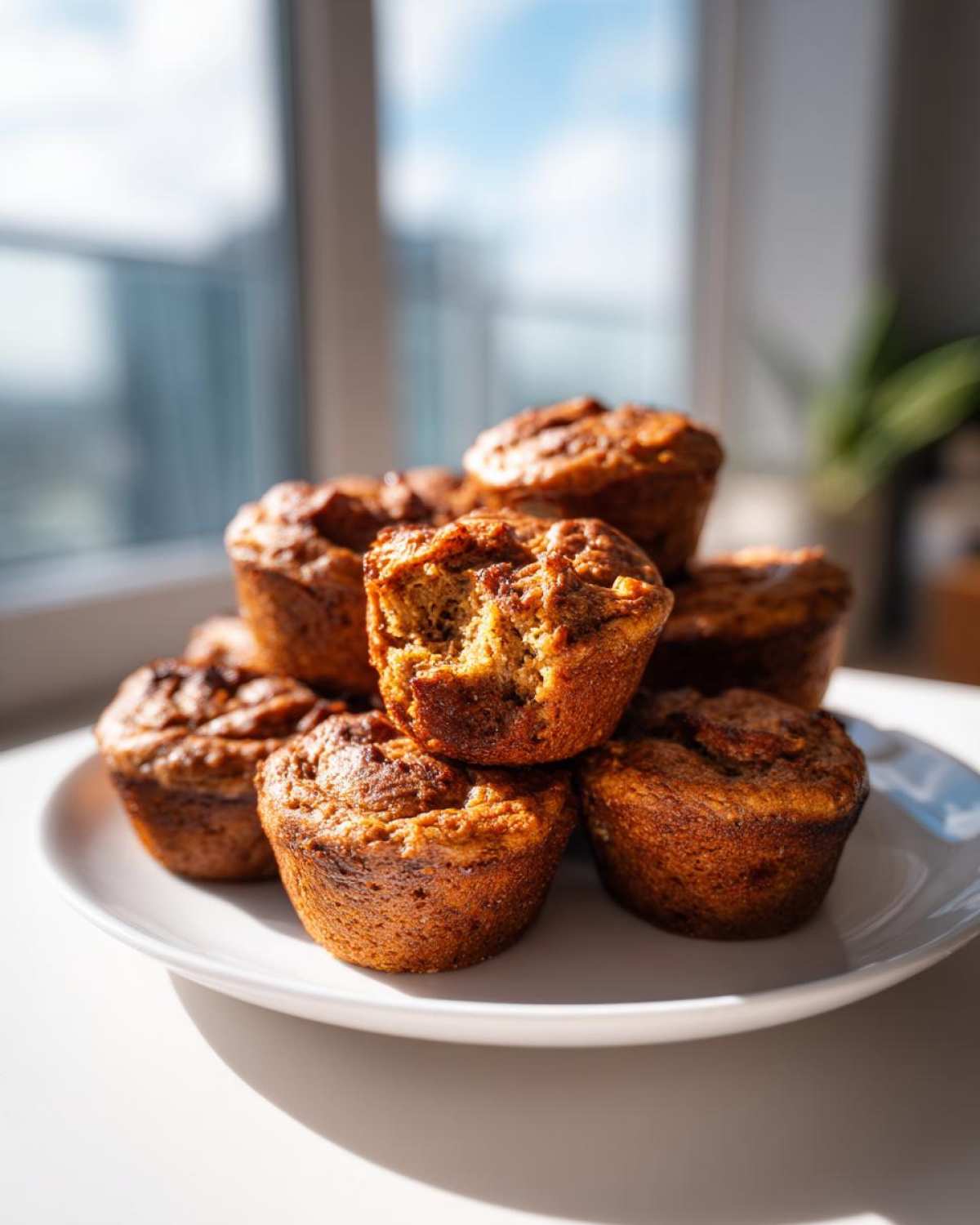 A stack of freshly baked, golden brown mini banana muffins piled on a white plate, with one muffin showing a bite taken out.
