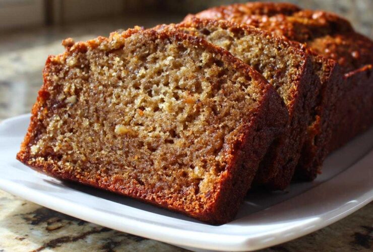 Close-up of three moist slices of banana bread step by step displayed on a white platter.