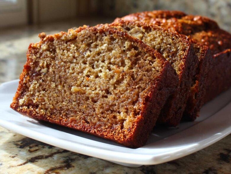 Close-up of three moist slices of banana bread step by step displayed on a white platter.