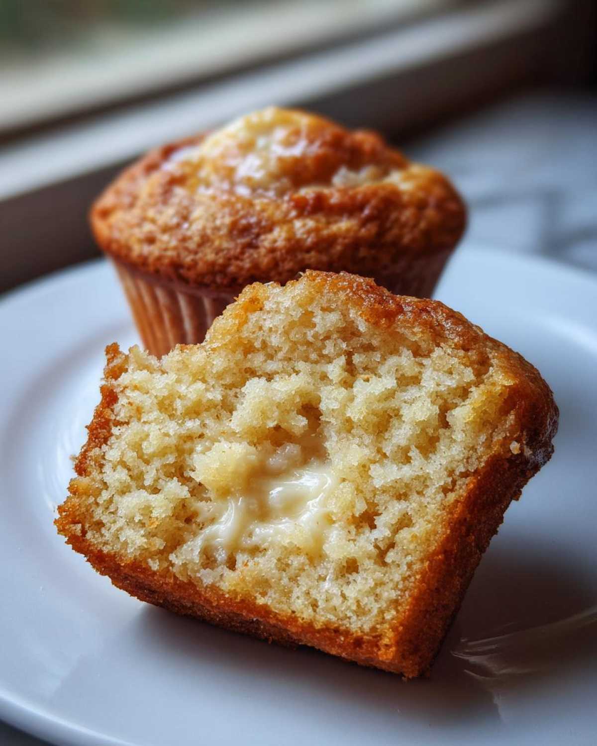 Close-up of a cream cheese muffin broken in half, showing the moist interior and melted cream cheese filling.