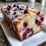 Close-up of a moist Lemon Blueberry Cake loaf showing the interior crumb packed with berries and drizzled with white glaze.