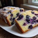 Close-up of a moist Lemon Blueberry Cake loaf, sliced to show the dense crumb filled with blueberries and topped with a white lemon glaze.