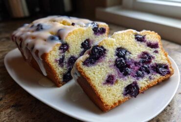 Close-up of a moist Lemon Blueberry Cake loaf, sliced to show the dense crumb filled with blueberries and topped with a white lemon glaze.