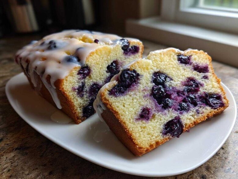 Close-up of a moist Lemon Blueberry Cake loaf, sliced to show the dense crumb filled with blueberries and topped with a white lemon glaze.