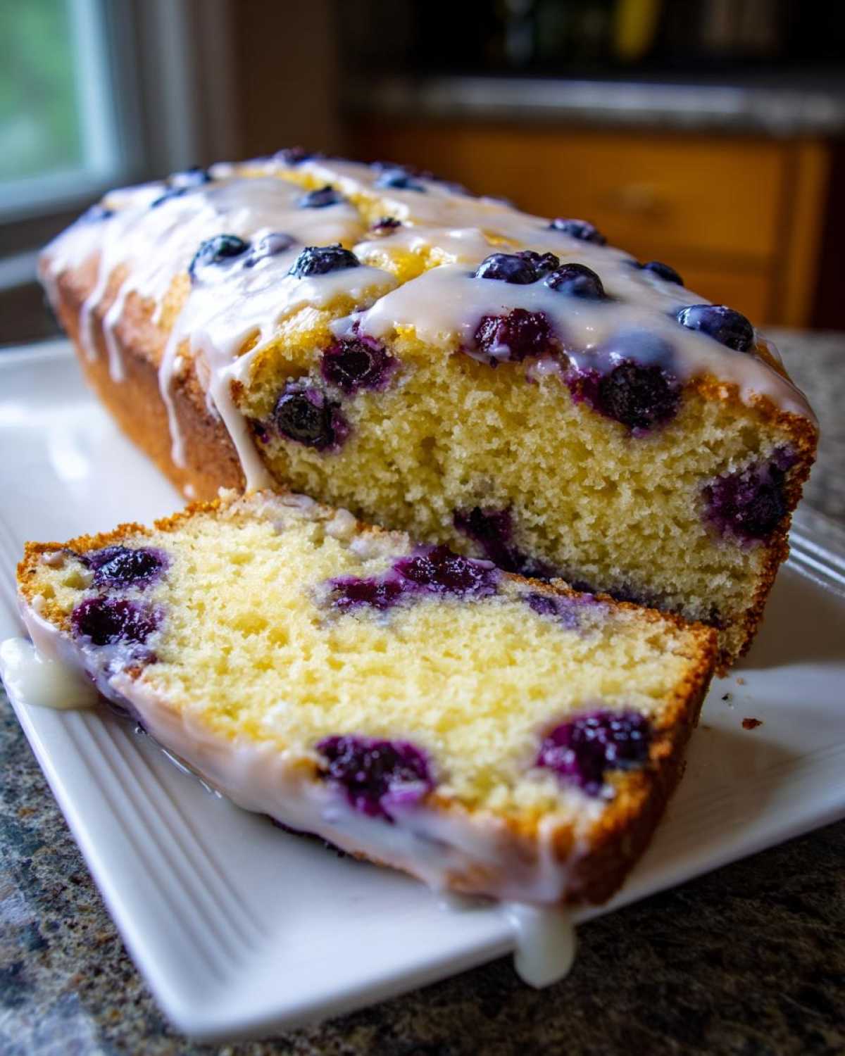 A moist Lemon Blueberry Cake loaf, sliced to show the interior studded with blueberries and topped with a thick lemon glaze.