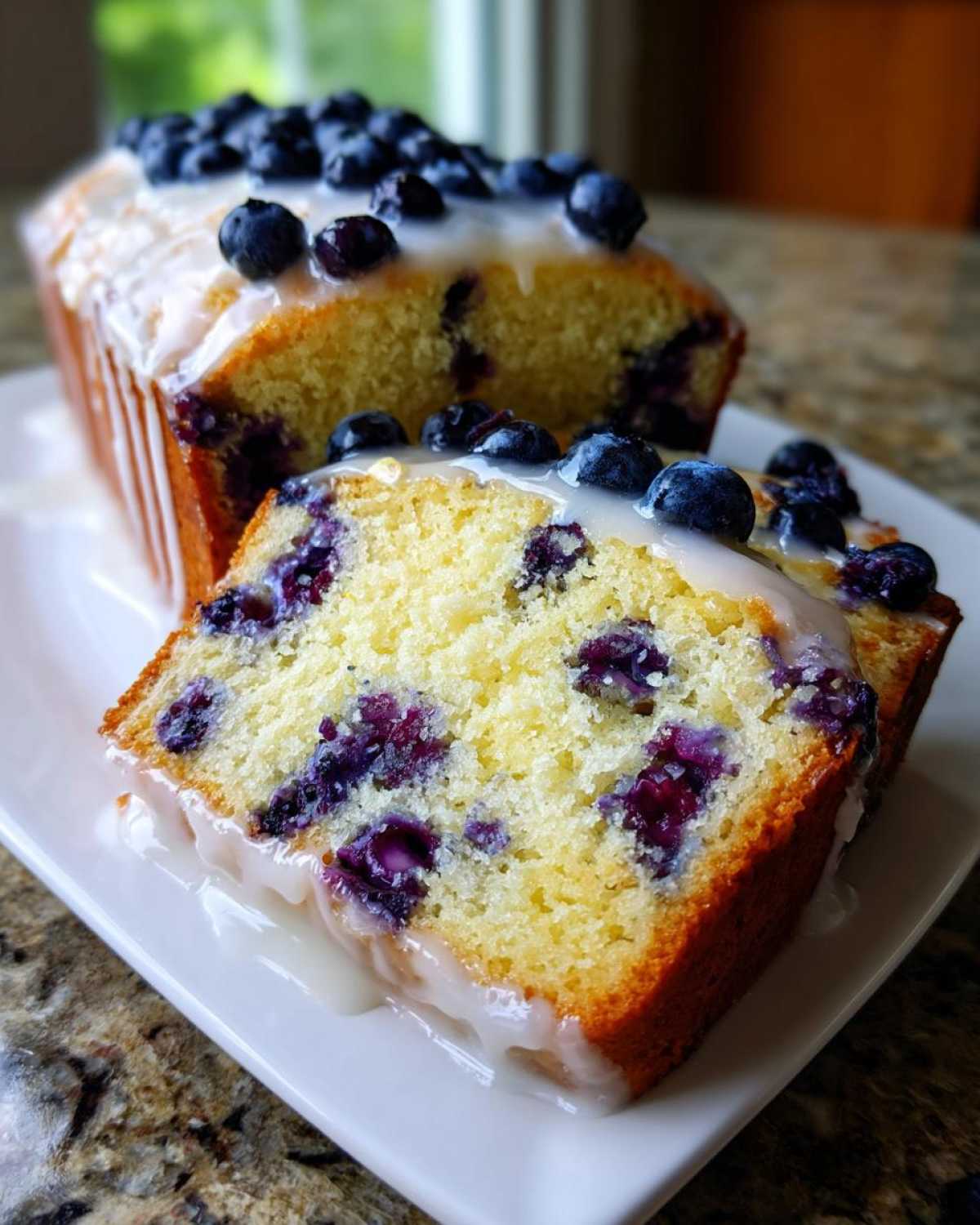 A close-up of a slice of moist Lemon Blueberry Cake topped with lemon glaze and fresh blueberries.