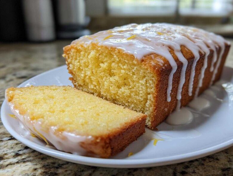 A moist Lemon Loaf cake, partially sliced, covered in a thick white lemon glaze and zest.