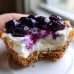 A hand holding a No-Bake Blueberry Cheesecake Oat Cup with a bite taken out, showing the creamy filling and oat crust.