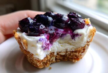 A hand holding a No-Bake Blueberry Cheesecake Oat Cup with a bite taken out, showing the creamy filling and oat crust.