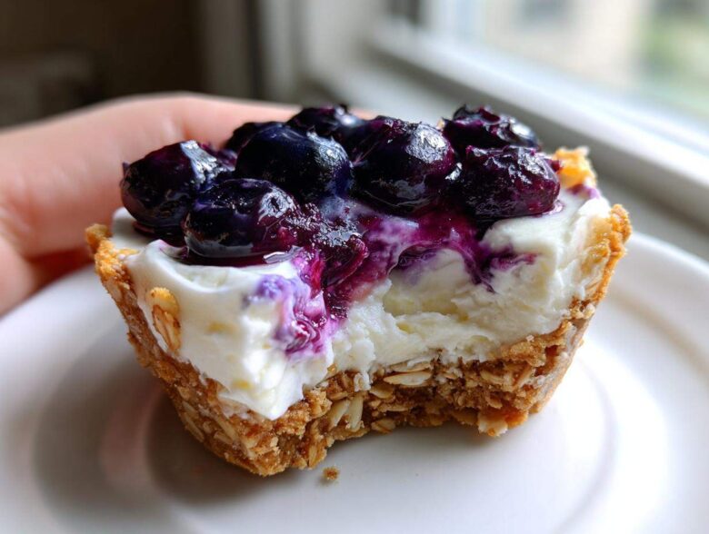 A hand holding a No-Bake Blueberry Cheesecake Oat Cup with a bite taken out, showing the creamy filling and oat crust.