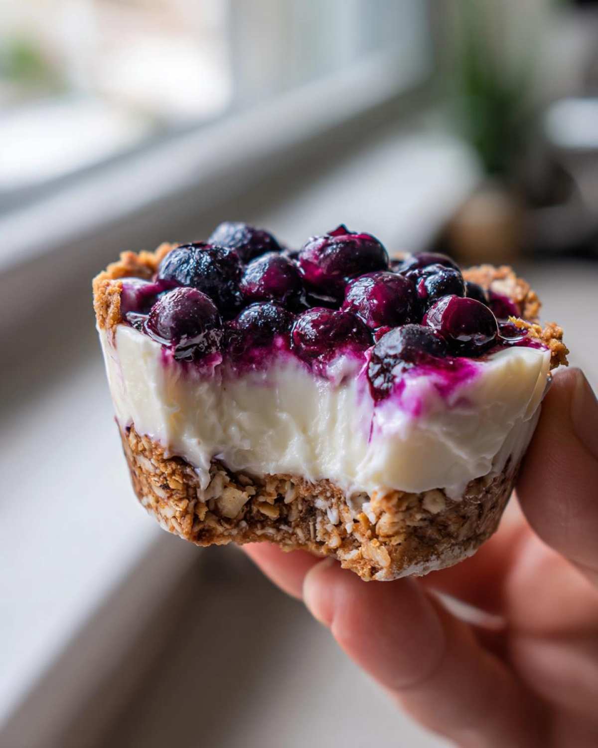 A hand holding a single No-Bake Blueberry Cheesecake Oat Cup with a bite taken out, showing the oat crust and creamy filling.