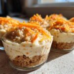 Close-up of several No-Bake Carrot Cake Cheesecake Cups layered with graham cracker crust and topped with shredded carrots.