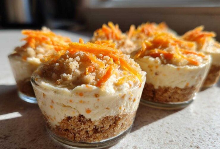 Close-up of several No-Bake Carrot Cake Cheesecake Cups layered with graham cracker crust and topped with shredded carrots.