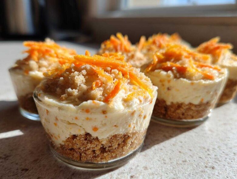 Close-up of several No-Bake Carrot Cake Cheesecake Cups layered with graham cracker crust and topped with shredded carrots.