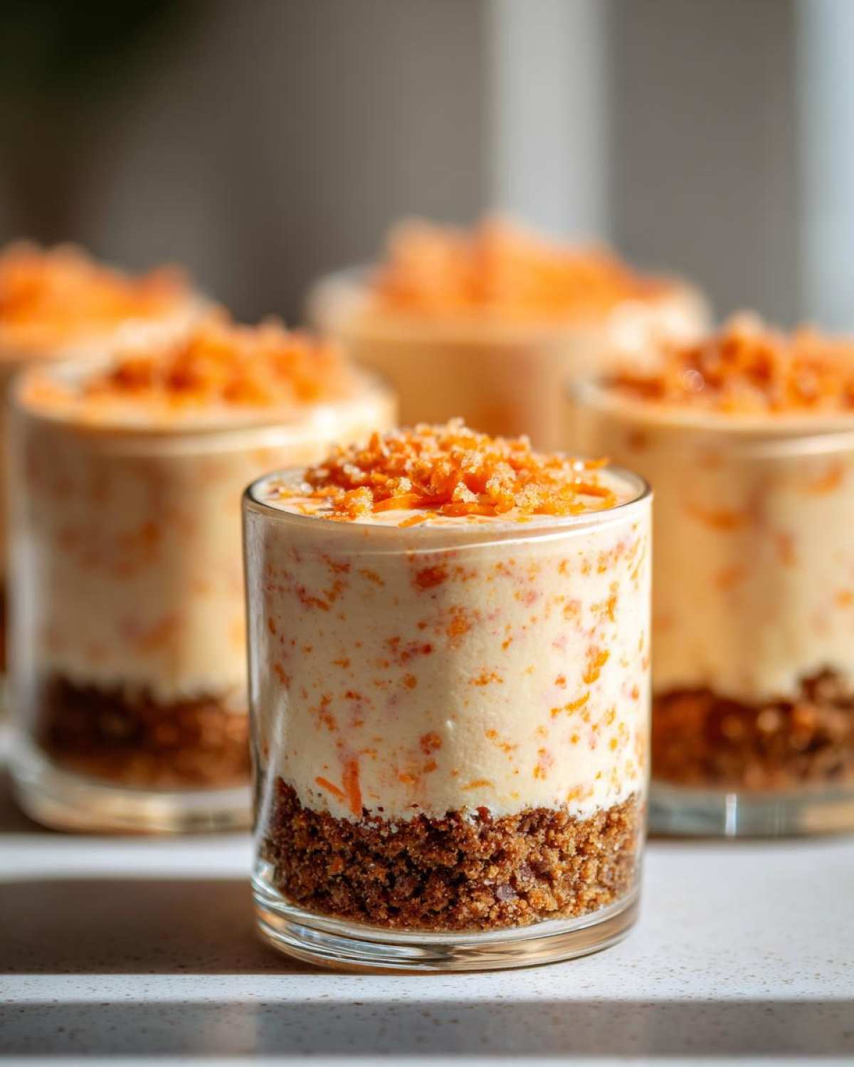A close-up of one No-Bake Carrot Cake Cheesecake Cup showing the graham cracker crust and creamy filling topped with shredded carrots.