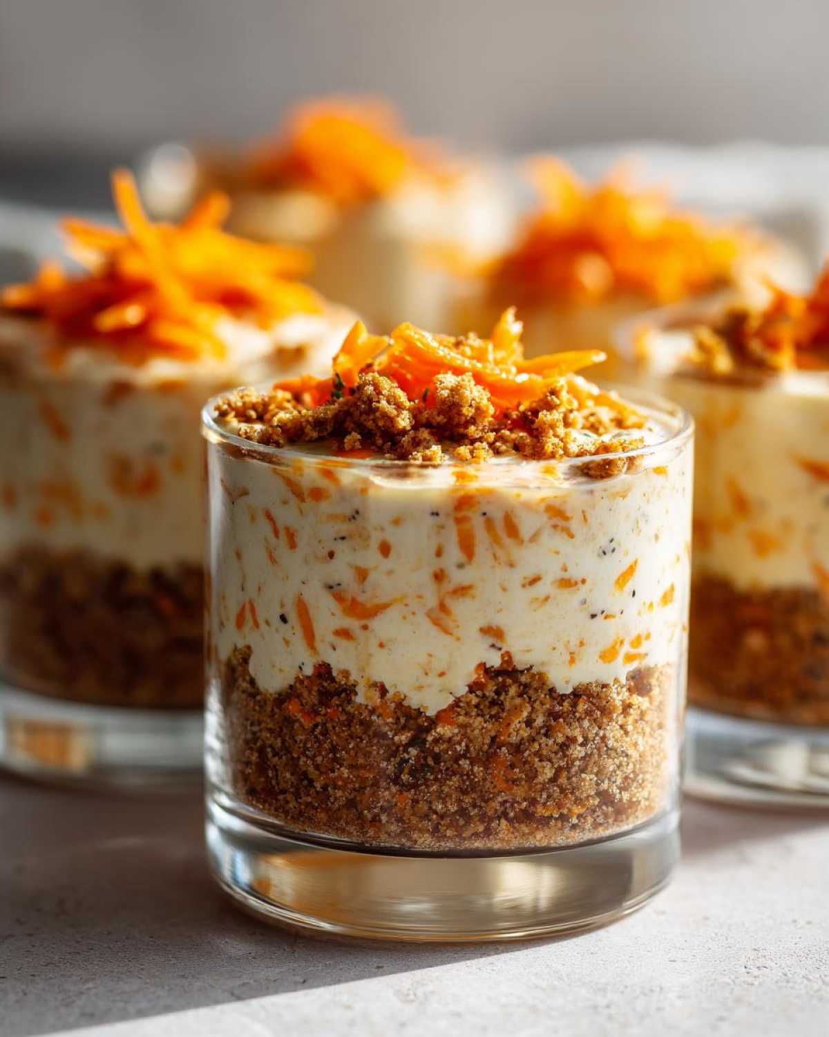 Close-up of a layered No-Bake Carrot Cake Cheesecake Cups featuring a graham cracker crust, creamy filling with carrots, and shredded carrot topping.