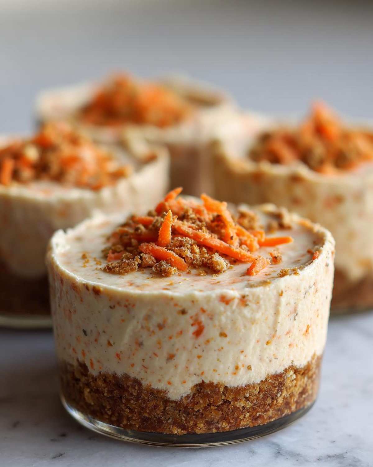 A close-up of one of the No-Bake Carrot Cake Cheesecake Cups, showing the graham cracker crust and creamy filling topped with shredded carrots.