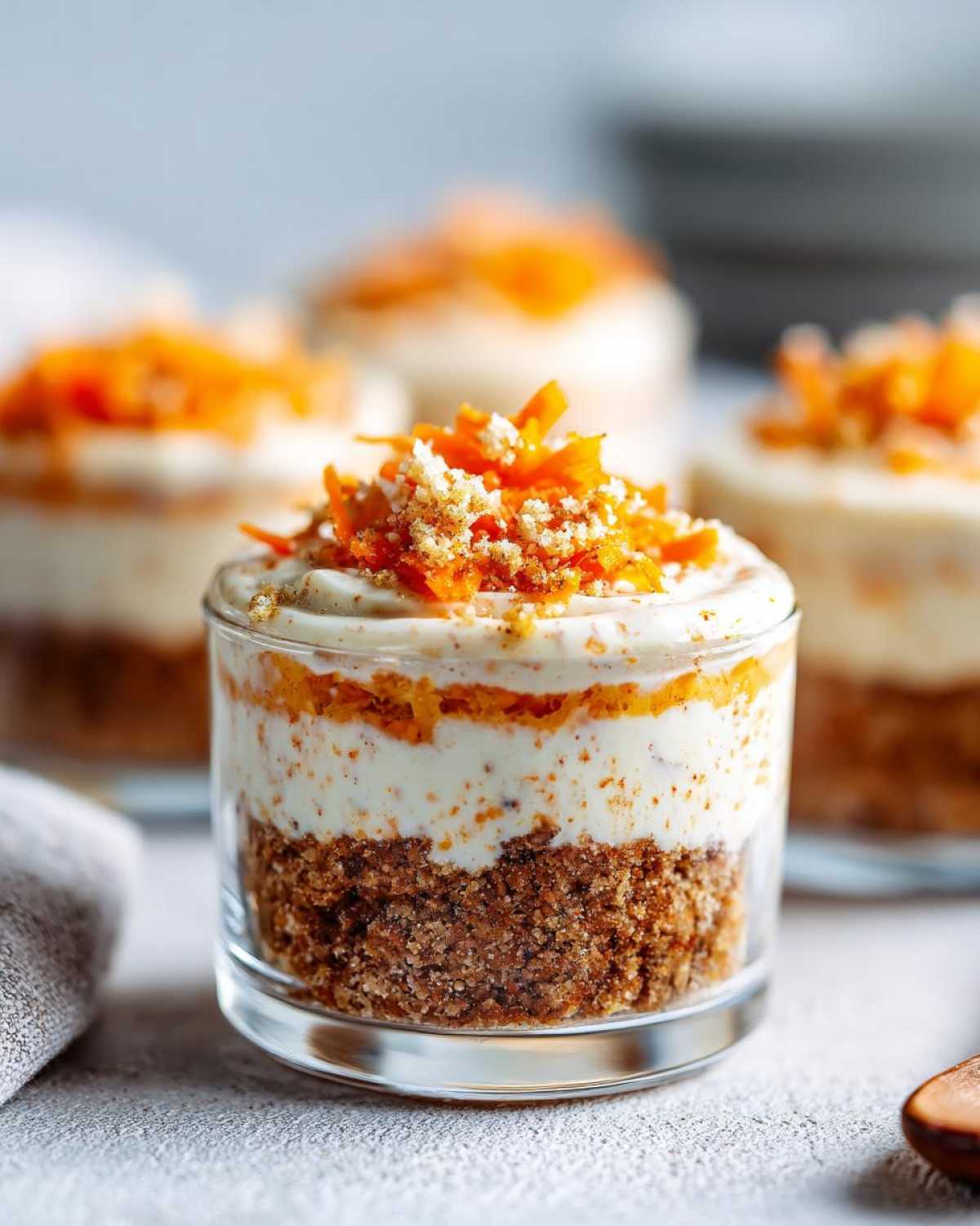 A single serving of No-Bake Carrot Cake Cheesecake Cups layered in a glass with a graham cracker crust and topped with shredded carrots.