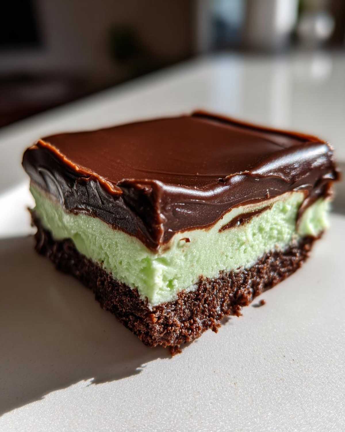 A close-up of a single square serving of No-Bake Chocolate Mint Icebox Bars with a chocolate crust, mint layer, and ganache topping.
