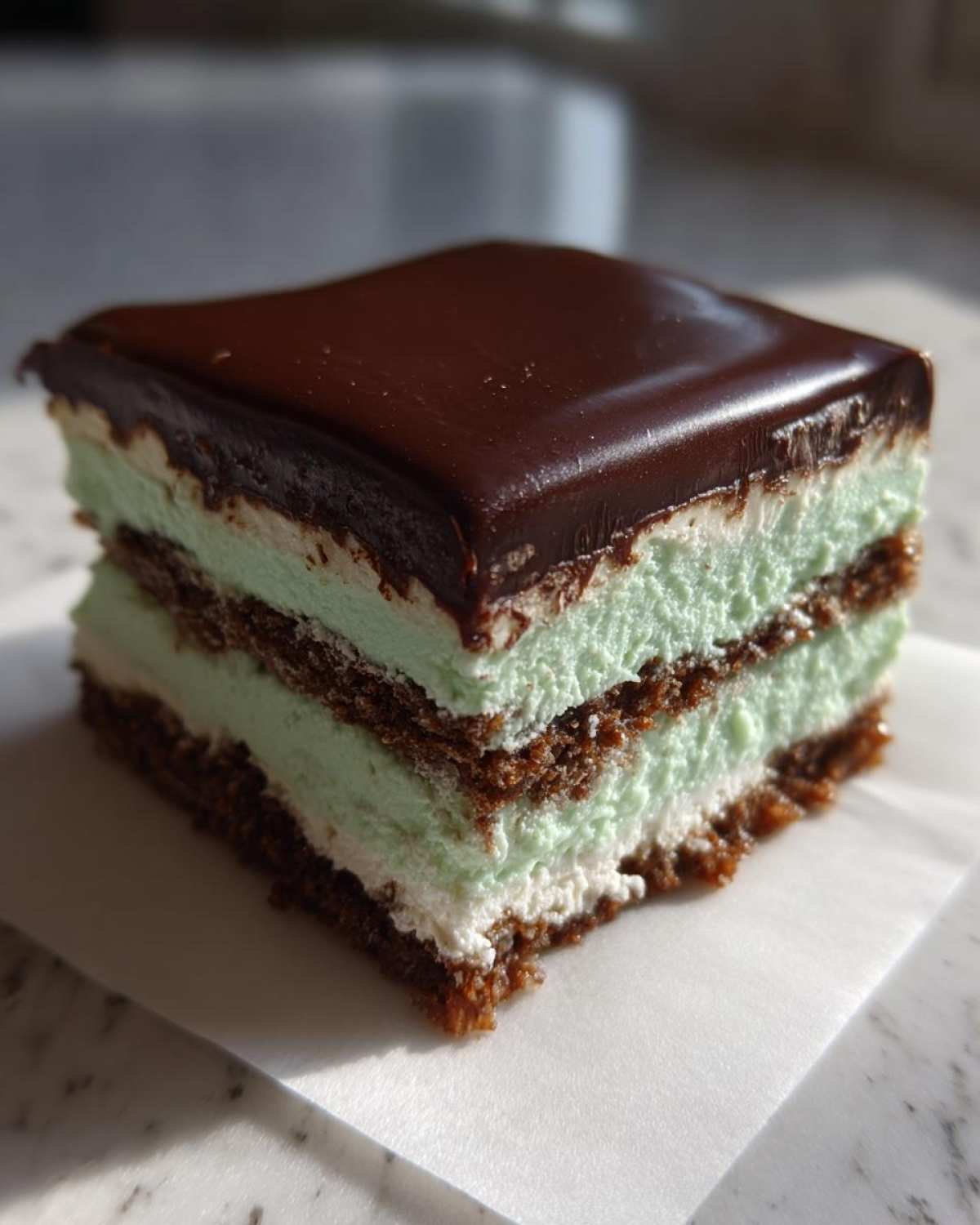 A square slice of No-Bake Chocolate Mint Icebox Bars with chocolate topping and mint layers.