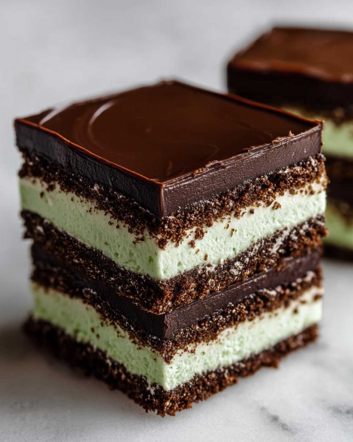 A perfect square slice of No-Bake Chocolate Mint Icebox Bars with alternating mint cream and chocolate layers.