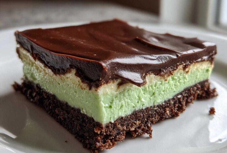 A close-up of a layered No-Bake Chocolate Mint Icebox Bars slice with a chocolate crust, mint filling, and chocolate ganache topping.