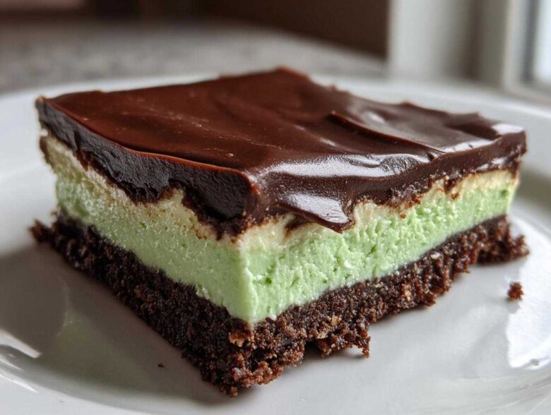 A close-up of a layered No-Bake Chocolate Mint Icebox Bars slice with a chocolate crust, mint filling, and chocolate ganache topping.