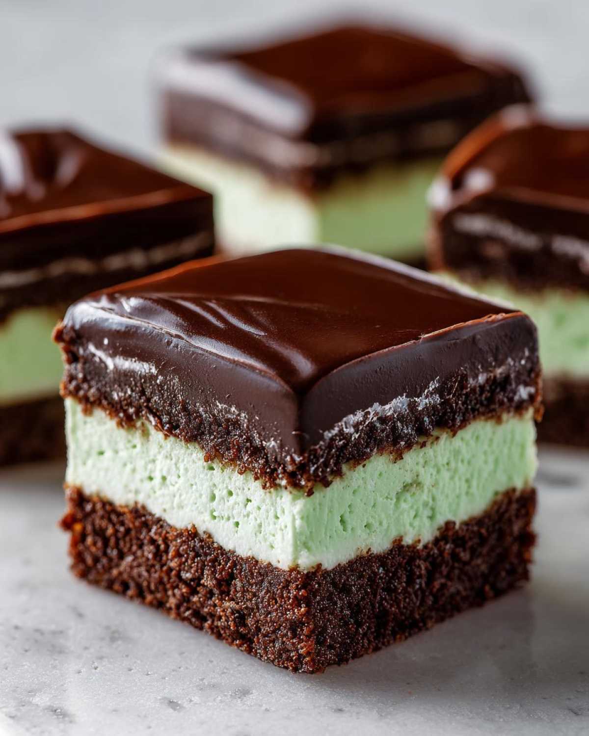 A square portion of No-Bake Chocolate Mint Icebox Bars featuring a chocolate crust, mint layer, and shiny chocolate glaze.