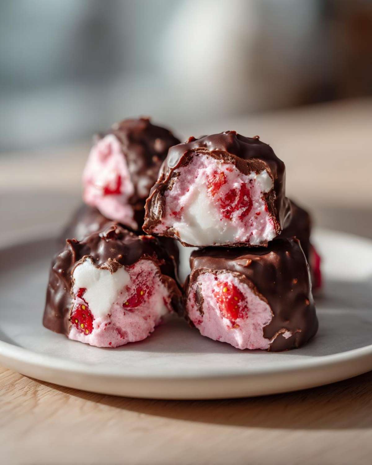Close-up of No-Bake Chocolate Strawberry Yogurt Clusters cut in half showing pink yogurt and strawberry pieces inside dark chocolate shell.
