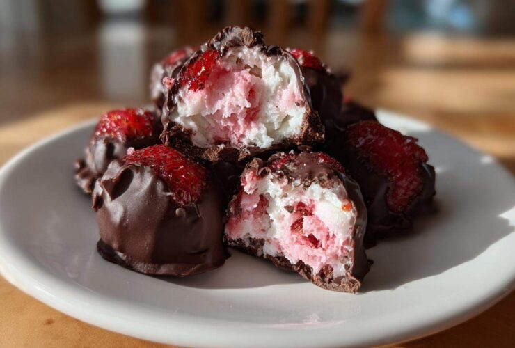 A pile of No-Bake Chocolate Strawberry Yogurt Clusters, partially dipped in chocolate, with one cluster broken open showing the pink and white yogurt filling.