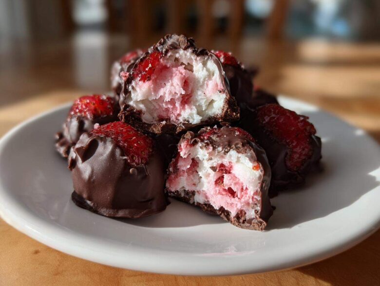 A pile of No-Bake Chocolate Strawberry Yogurt Clusters, partially dipped in chocolate, with one cluster broken open showing the pink and white yogurt filling.