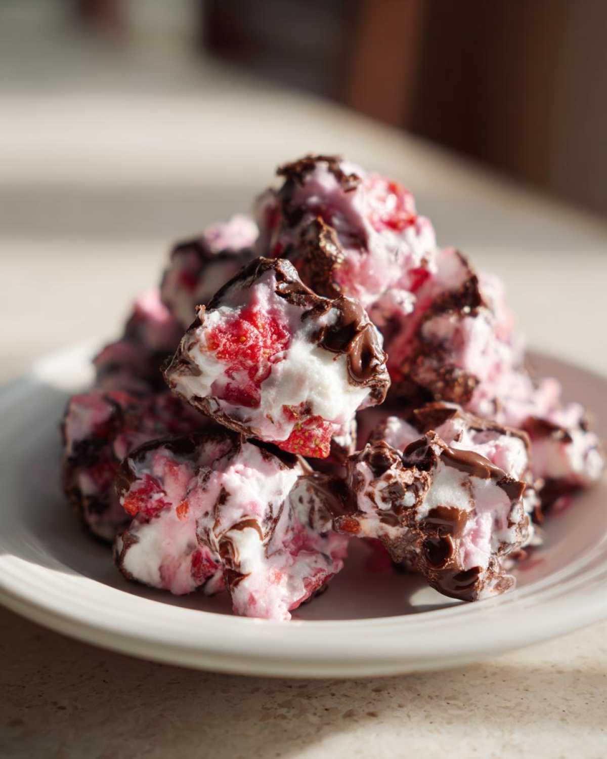A close-up of a pile of No-Bake Chocolate Strawberry Yogurt Clusters on a white plate, featuring pink yogurt, strawberries, and hardened chocolate drizzle.