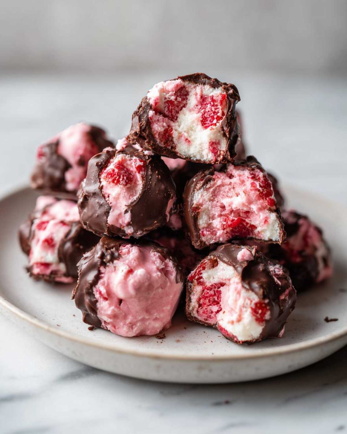 A stack of No-Bake Chocolate Strawberry Yogurt Clusters, showing the pink, berry-filled center coated in dark chocolate.