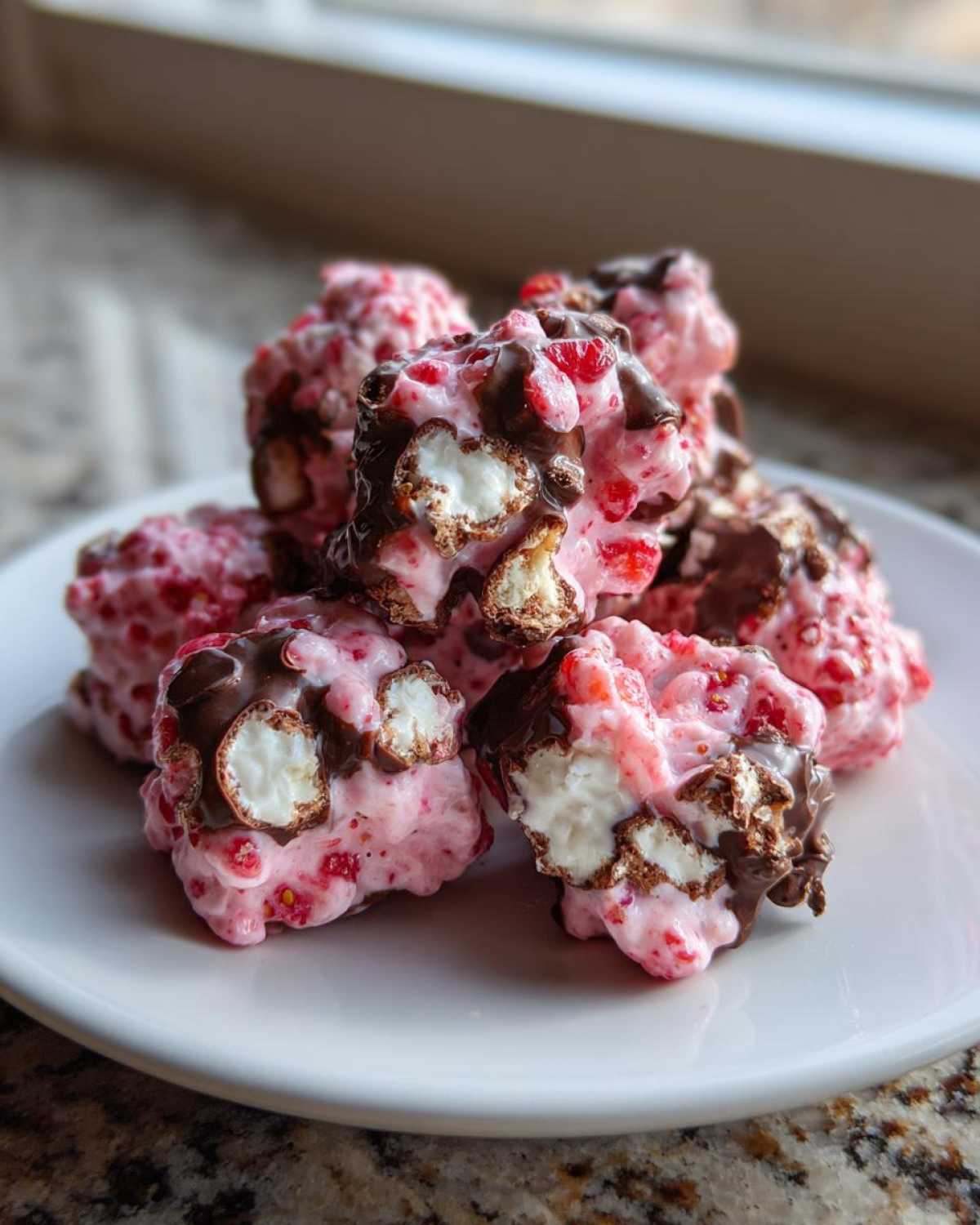 A pile of No-Bake Chocolate Strawberry Yogurt Clusters featuring pink yogurt, strawberries, marshmallows, and chocolate drizzle.