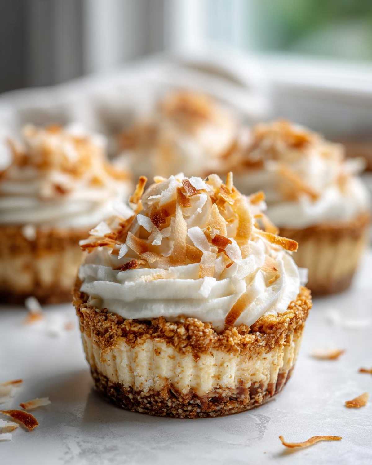 A close-up of one No-Bake Lemon Coconut Cheesecake Cup topped with whipped cream and toasted coconut flakes.