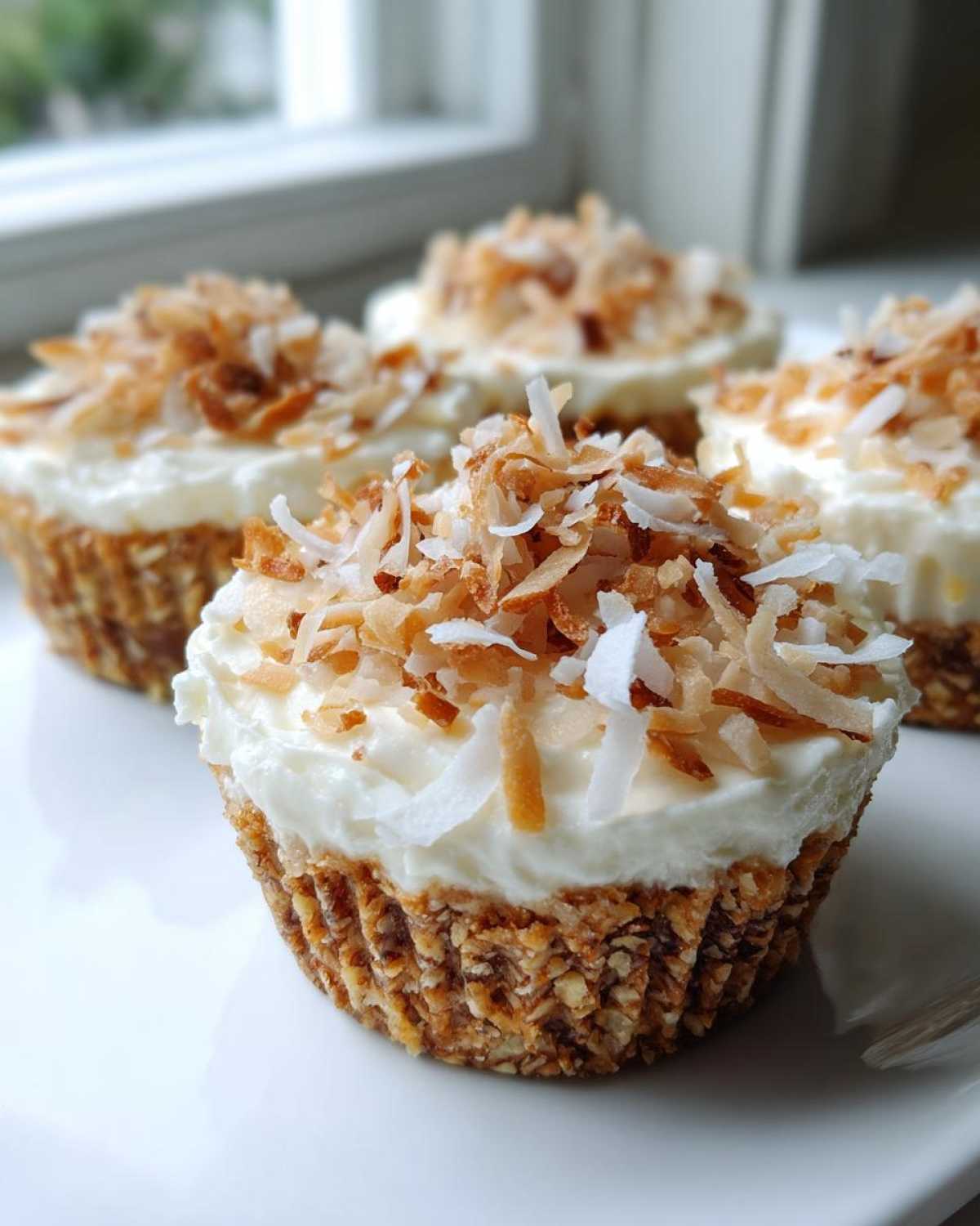 A close-up of several No-Bake Lemon Coconut Cheesecake Cups topped with toasted coconut flakes.
